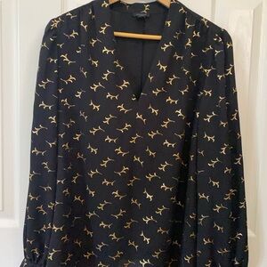 Ann Taylor Black Blouse with Gold Pattern